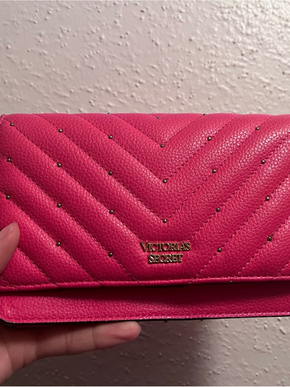 Victoria's Secret Hot Pink Quilted Studded Clutch Wallet